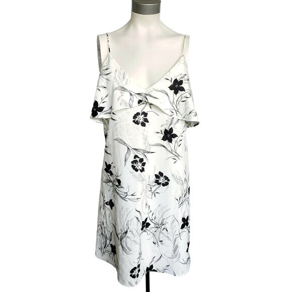 ALICE + OLIVIA Bess floral print ruffle slinky slip dress cream black Size M NEW - Picture 1 of 9
